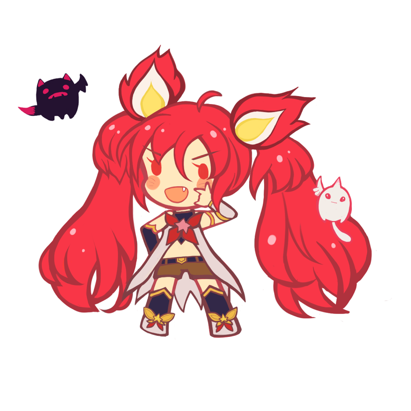 1girl alternate_costume alternate_hair_color alternate_hairstyle chibi elbow_gloves fang jinx_(league_of_legends) kuro_(league_of_legends) league_of_legends long_hair magical_girl red_eyes shiro_(league_of_legends) star_guardian_jinx thighhighs tied_hair twintails very_long_hair