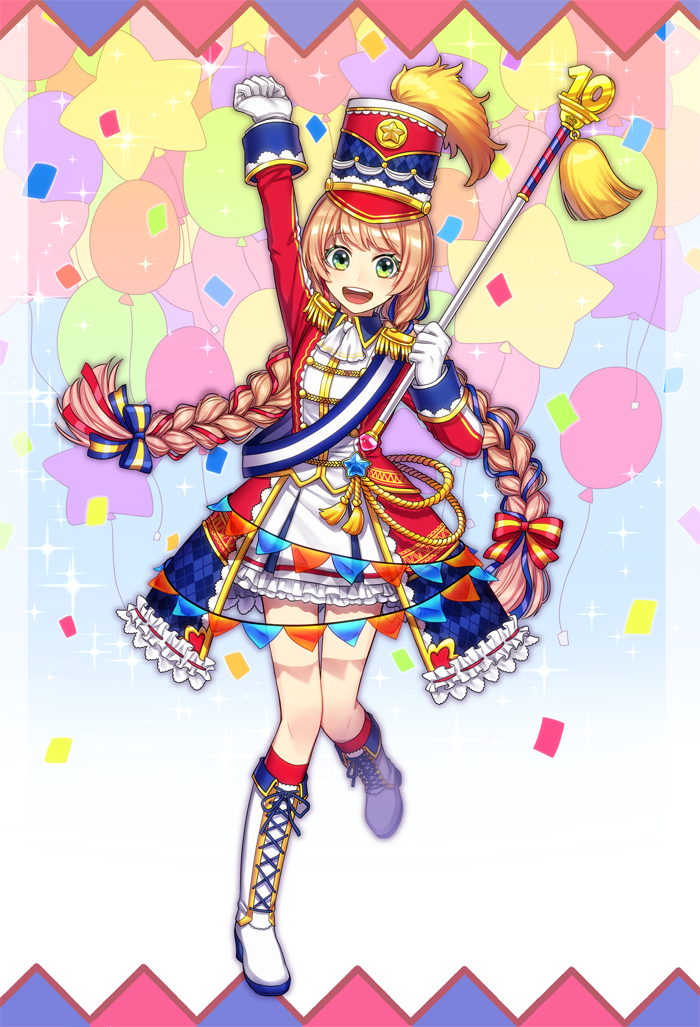 :d argyle arm_up balloon blue_ribbon boots bow braid brown_hair confetti cross-laced_footwear epaulettes frills full_body gloves green_eyes hair_bow hair_ribbon hat kiritani846 knee_boots kneehighs lace-up_boots long_hair looking_at_viewer majorette marching_band multicolored multicolored_bow multicolored_clothes multicolored_hat open_mouth original pennant pocketland red_legwear red_ribbon ribbon ribbon_braid sash shako_cap skirt smile solo sparkle standing standing_on_one_leg star string_of_flags striped striped_bow twin_braids wand white_footwear white_gloves white_skirt