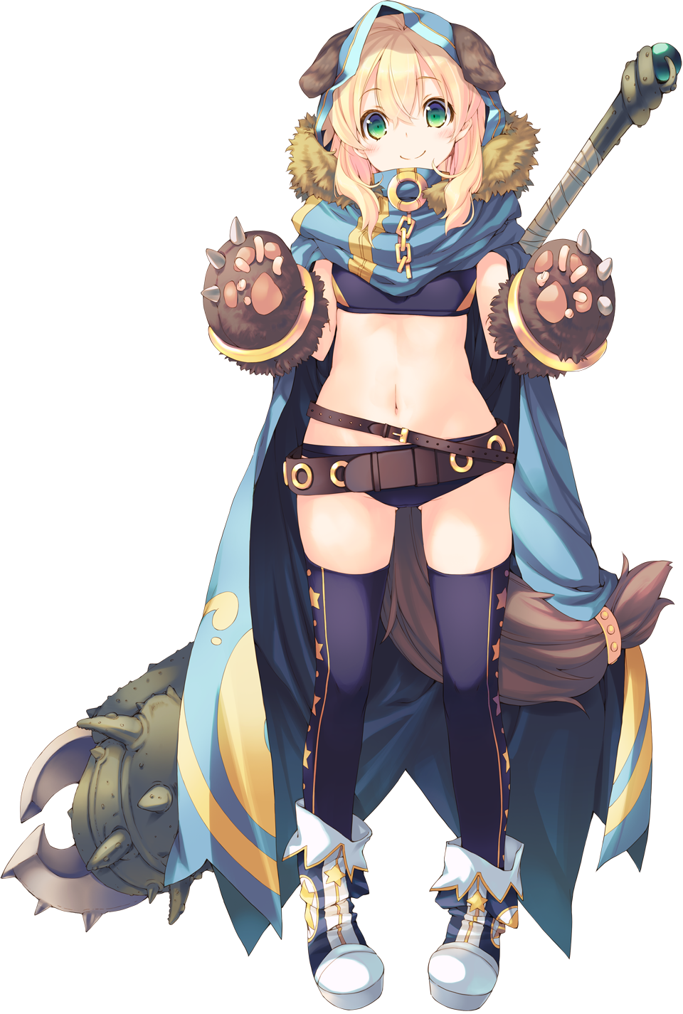 animal_ears aquaplus belt blonde_hair boots cape dungeon_travelers_2 erthuricia_vitor_de_ritzhevin fingerless_gloves full_body gloves green_eyes highres hood huge_weapon kokonoka long_hair looking_at_viewer loose_belt midriff navel official_art paw_gloves paws smile solo star star_print sword tail thighhighs transparent_background weapon
