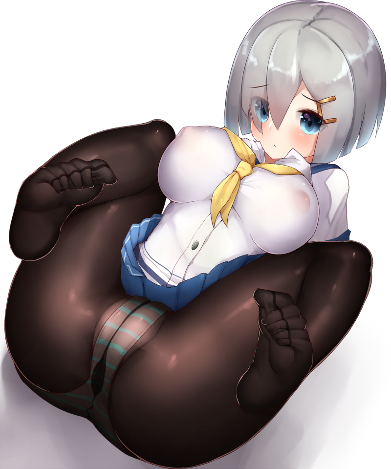 aqua_panties bangs black_legwear blue_eyes blue_skirt blush boruhis breasts commentary covered_nipples eyebrows eyebrows_visible_through_hair eyes_visible_through_hair feet grey_hair hair_between_eyes hair_ornament hairclip hamakaze_(kantai_collection) hands_on_own_chest kantai_collection large_breasts lying neckerchief no_bra no_shoes on_back panties panties_under_pantyhose pantyhose pleated_skirt school_uniform serafuku shadow short_hair simple_background skirt soles solo spread_legs striped striped_panties toe_scrunch toes underwear white_background yellow_neckwear