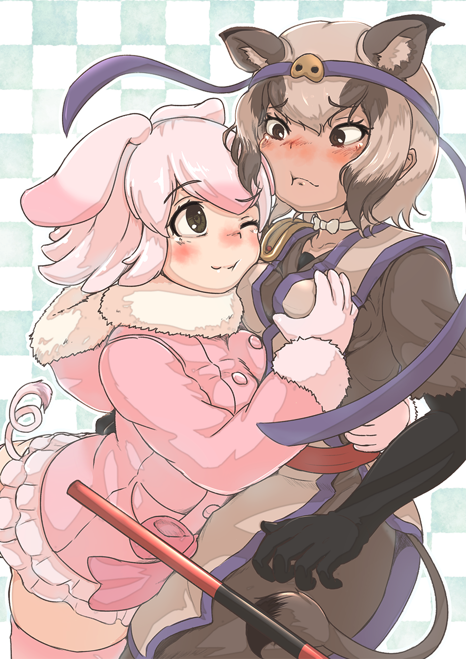 2girls ;3 animal_ears arched_back arm_around_waist bangs blush boar_ears boar_tail breast_grab breast_press breasts brown_eyes brown_hair buttons checkered checkered_background choker closed_mouth collarbone dark_skin dress embarrassed extra_ears eyebrows_visible_through_hair female_pervert floppy_ears fur-trimmed_sleeves fur_collar fur_trim furrowed_eyebrows glomp grabbing groping head_on_chest head_on_head headband highres hood hood_down hooded_jacket hug jacket kemono_friends long_sleeves looking_at_another medium_hair multicolored_hair multiple_girls nose_blush okyao one_eye_closed pervert pig_(kemono_friends) pig_ears pig_tail pink_hair ryukyu_boar_(kemono_friends) short_hair short_sleeves sidelocks skirt smile tail thighhighs two-tone_hair upper_body vest yuri zettai_ryouiki
