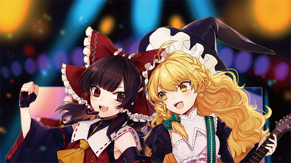 2girls :d ahoge ascot bandeau bangs bare_shoulders black_gloves black_hair black_hat blonde_hair blush bow braid brown_eyes clenched_hand daimaou_ruaeru detached_sleeves earrings electric_guitar eyebrows_visible_through_hair fingerless_gloves frilled_bow frills gloves green_bow guitar hair_bow hair_tubes hakurei_reimu hand_up hat headset holding holding_instrument instrument jewelry juliet_sleeves kirisame_marisa long_hair long_sleeves looking_at_another looking_at_viewer multiple_girls nail_polish open_mouth pink_nails puffy_sleeves red_bow ribbon-trimmed_sleeves ribbon_trim shrug_(clothing) sidelocks single_braid smile star star_earrings touhou upper_body v-shaped_eyebrows wide_sleeves witch_hat yellow_eyes yellow_neckwear