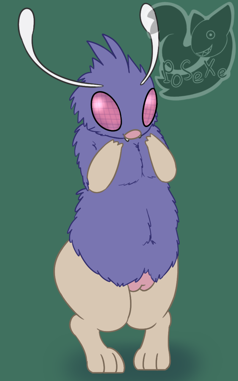 3_fingers 3_toes antennae anthro anthrofied arthropod barefoot cheek_tuft chest_tuft cute_fangs fangs female fluffy front_view fur head_tuft insect looking_at_viewer navel nintendo nude pink_eyes pok&eacute;mon posexe purple_fur pussy simple_background slightly_chubby smile solo standing teeth thick_thighs toes tuft venonat video_games watermark wide_hips
