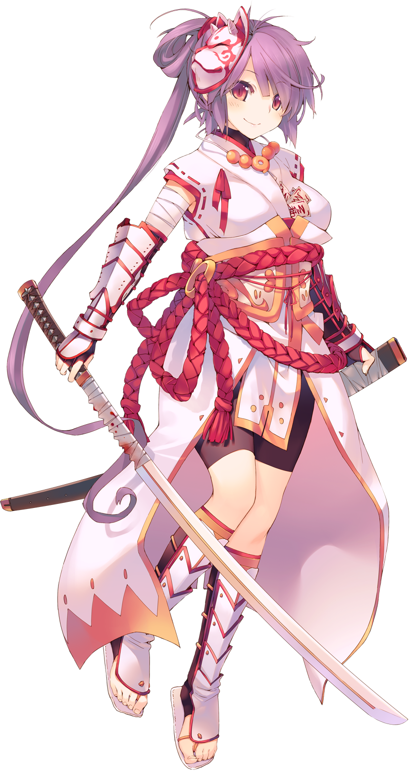 aquaplus blush dungeon_travelers_2 elbow_gloves fingerless_gloves full_body gauntlets gloves hair_ornament highres holding holding_weapon houzouji_yae japanese_clothes jewelry kokonoka long_hair looking_at_viewer mask purple_hair red_eyes sandals smile solo standing sword toeless_legwear toes transparent_background very_long_hair weapon