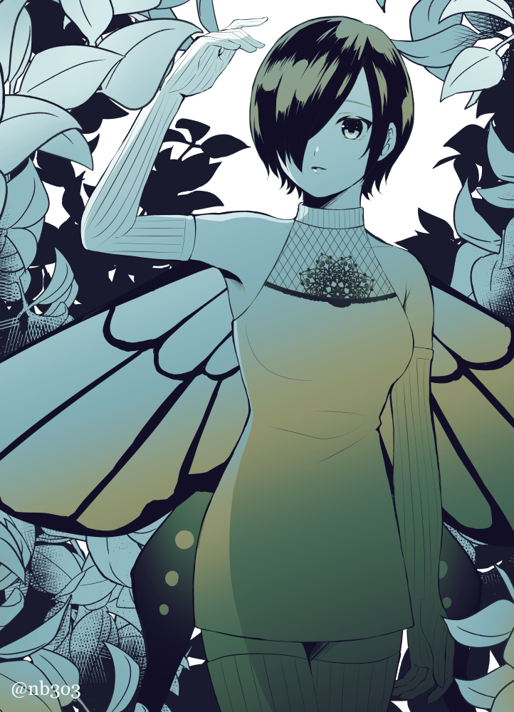 1girl arm_up artist_name black_hair breast_tattoo breasts bug butterfly butterfly_wings closed_mouth dress elbow_gloves gloves hair_over_one_eye insect kirishima_touka large_breasts leaf leggings nabe-box one_eye_covered shadow short_hair solo striped striped_gloves striped_legwear tattoo tokyo_ghoul white_dress wings