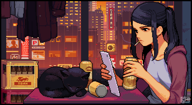 alcohol animated animated_gif bangs beer beer_bottle beer_can black_cat black_hair can cat cigarette city fore julianne_stingray long_hair pixel_art rain reading shroedinger sidelocks smoke twintails va-11_hall-a window