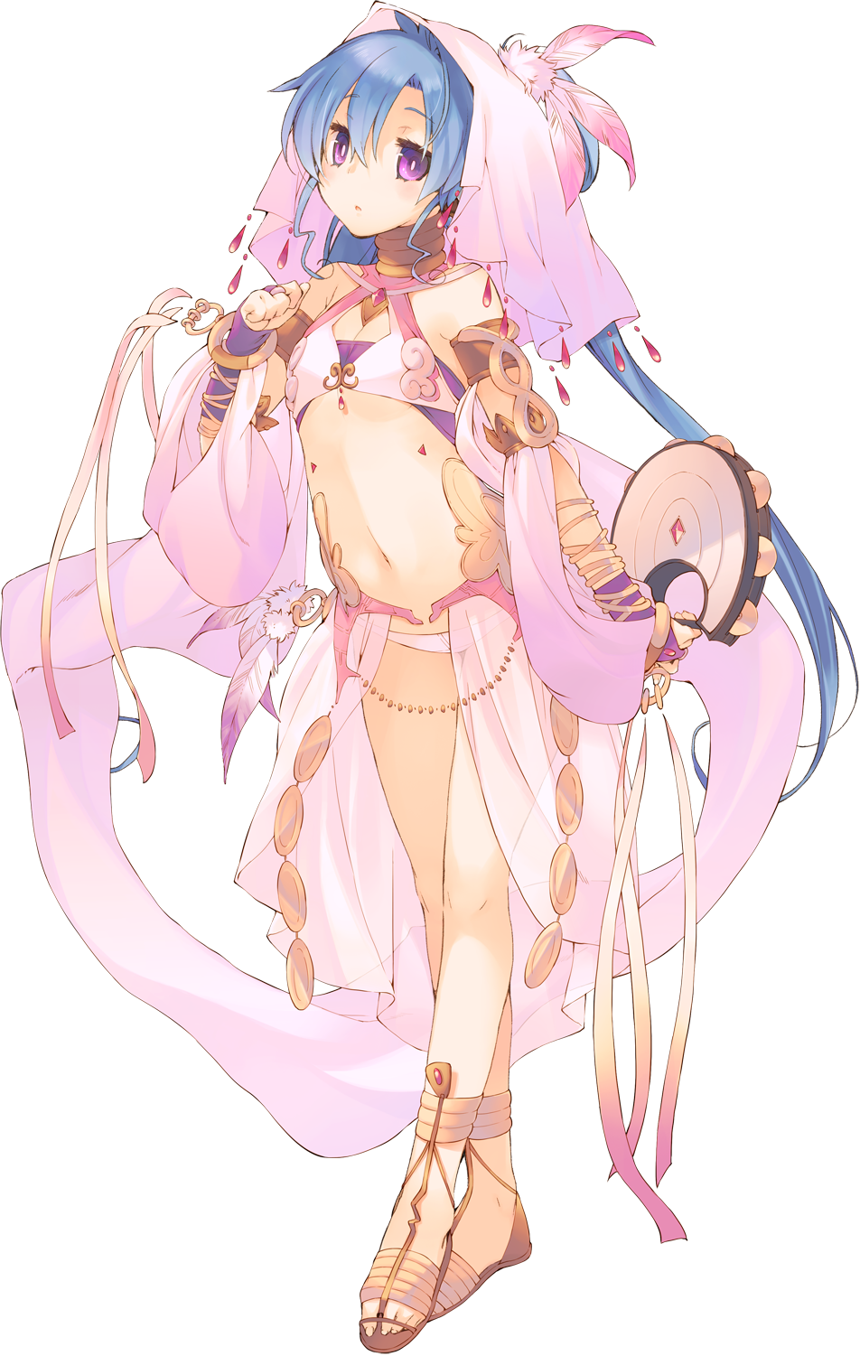 aquaplus bare_shoulders blue_hair dancer dungeon_travelers_2 earrings feathers flat_chest full_body highres holding instrument ist jewelry kokonoka looking_at_viewer navel panties purple_eyes revealing_clothes sandals solo standing tambourine transparent_background underwear veil