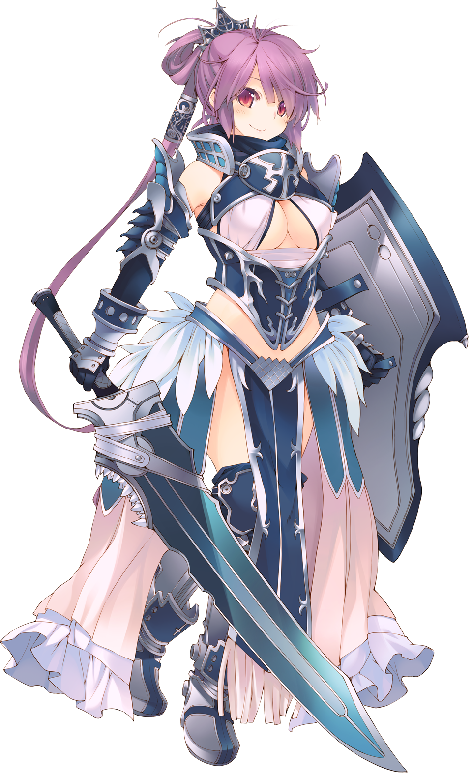 aquaplus armor armored_boots blush boots breasts cleavage cleavage_cutout dungeon_travelers_2 full_body gauntlets hair_ornament highres holding holding_weapon houzouji_yae kokonoka looking_at_viewer medium_breasts pelvic_curtain purple_hair red_eyes shield smile solo standing sword thighhighs transparent_background weapon