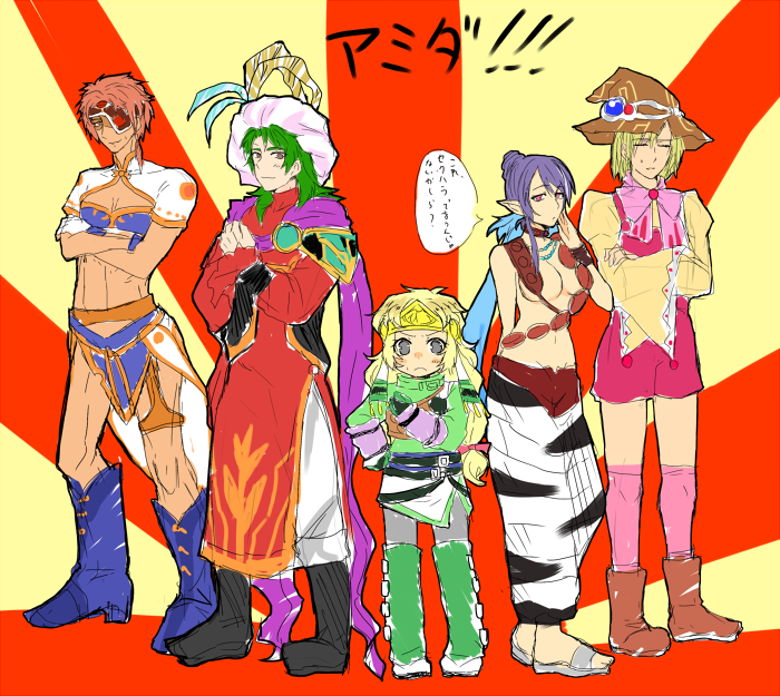 2girls 3boys armor belt beryl_benito blonde_hair blue_hair boots breasts brown_eyes choker dark_skin eyepatch eyes_closed gloves green_hair grey_eyes hair_bun hat headband jewelry johnny_shiden judith_(tales) long_hair midriff moses_sandor multiple_boys multiple_girls navel pants pink_eyes pointy_ears red_eyes red_hair ribbon short_hair skirt socks tales_of_(series) tales_of_destiny tales_of_hearts tales_of_legendia tales_of_rebirth tales_of_vesperia tytree_crowe wide_sleeves witch_hat