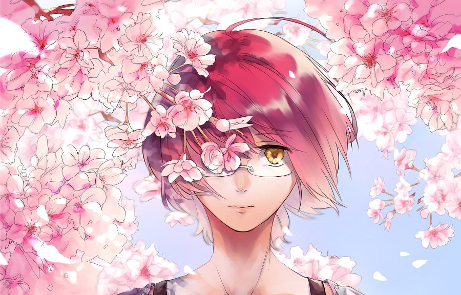 1boy cherry_blossoms closed_mouth glasses gowther male_focus microphone nanatsu_no_taizai pink_hair solo yellow_eyes