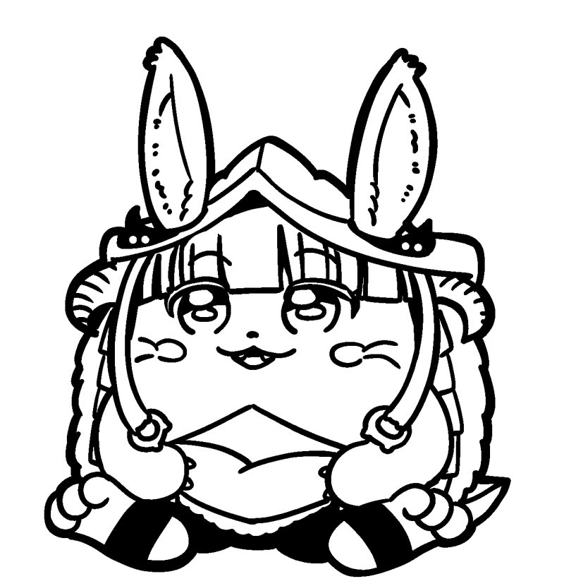 1other :3 ambiguous_gender animal_ears bangs barefoot bkub blunt_bangs blush blush_stickers bunny_ears claws commentary ears_through_headwear eyebrows_visible_through_hair fangs full_body fur furry greyscale hair_ornament helmet horizontal_pupils horned_helmet made_in_abyss monochrome nanachi_(made_in_abyss) sidelocks simple_background sitting solo tail whiskers white_background