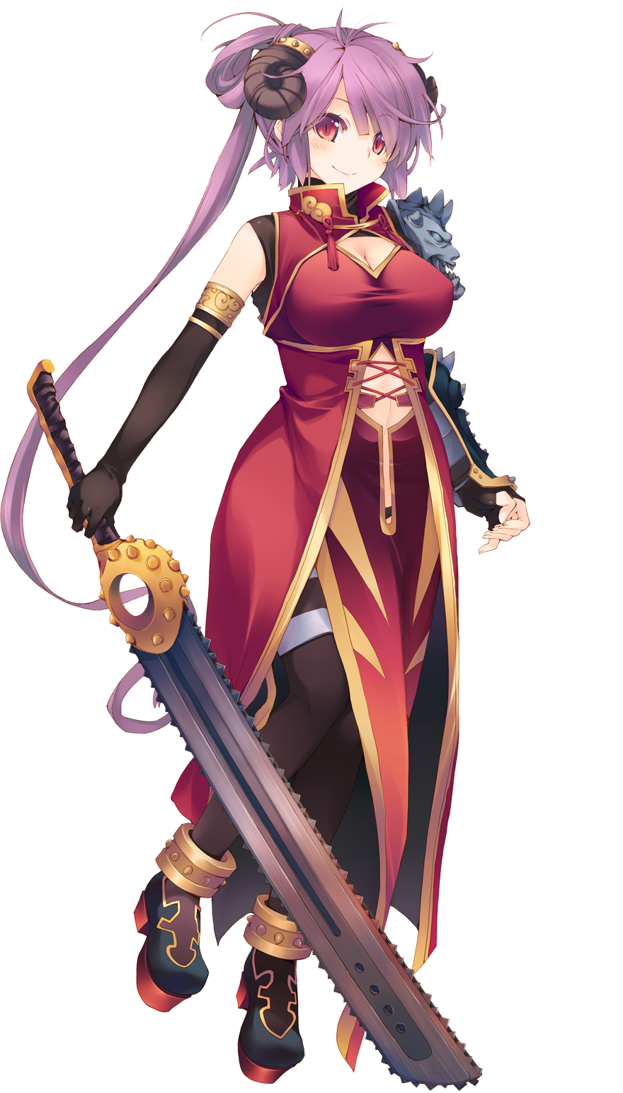 aquaplus arm_guards armor blush breasts dress dungeon_travelers_2 elbow_gloves full_body gloves highres holding holding_weapon horns houzouji_yae kokonoka large_breasts looking_at_viewer pantyhose purple_hair red_eyes shoulder_armor side_slit solo standing sword transparent_background weapon