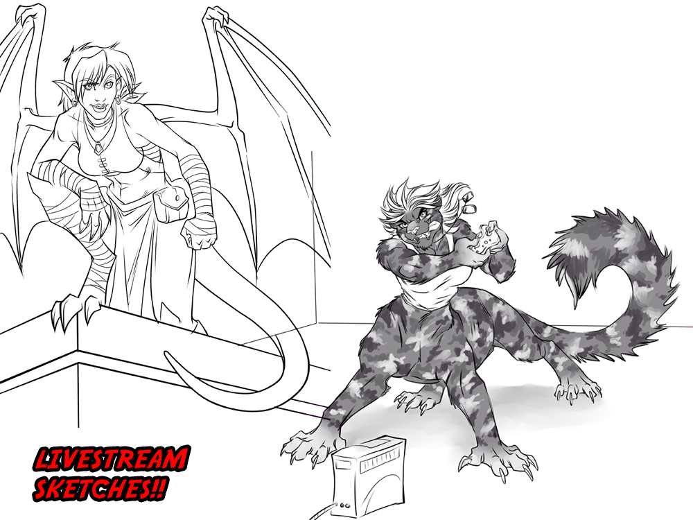 clothed clothing cybercat duo feline female gargoyle looking_at_viewer mammal monochrome smile taur wings