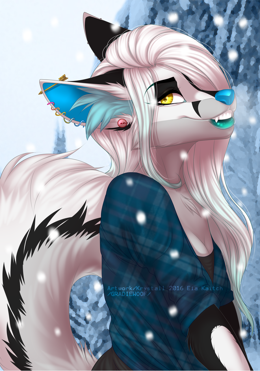 2016 anthro blue_fur blue_nose canine clothed clothing ear_piercing eyelashes female fur gradiewoof hair mammal outside piercing smile solo white_hair wolf yellow_eyes