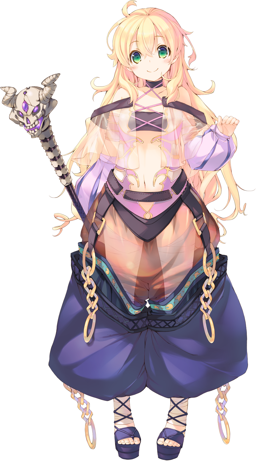 aquaplus armlet bands blonde_hair blush chain collar dungeon_travelers_2 erthuricia_vitor_de_ritzhevin full_body green_eyes highres holding kokonoka long_hair looking_at_viewer midriff navel pants sandals see-through skull smile solo staff standing striped transparent_background vertical_stripes wavy_hair