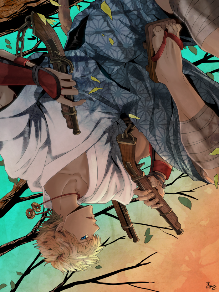 antique_firearm arquebus asa_no_ha_(pattern) bandaged_leg bandages blonde_hair blue_eyes coin_on_string firearm floral_print geta gun hanging_from_tree japanese_clothes kimono leaf male_focus monkey_tail multiple_wielding rwby sandals solo sumiwow sun_wukong_(rwby) tail upside-down weapon yukata