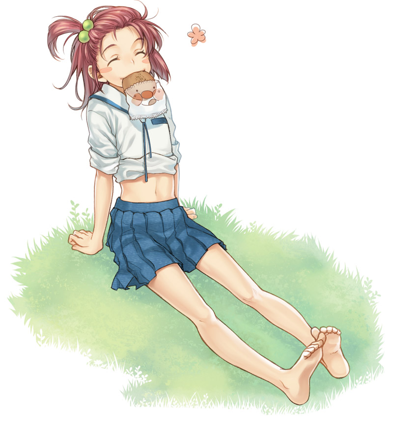 anpan barefoot belly blush_stickers bread closed_eyes feet food grass hair_bobbles hair_ornament happy midriff mouth_hold navel original pleated_skirt school_uniform short_hair side_ponytail sitting skirt sleeves_folded_up smile solo yuuryuu_nagare