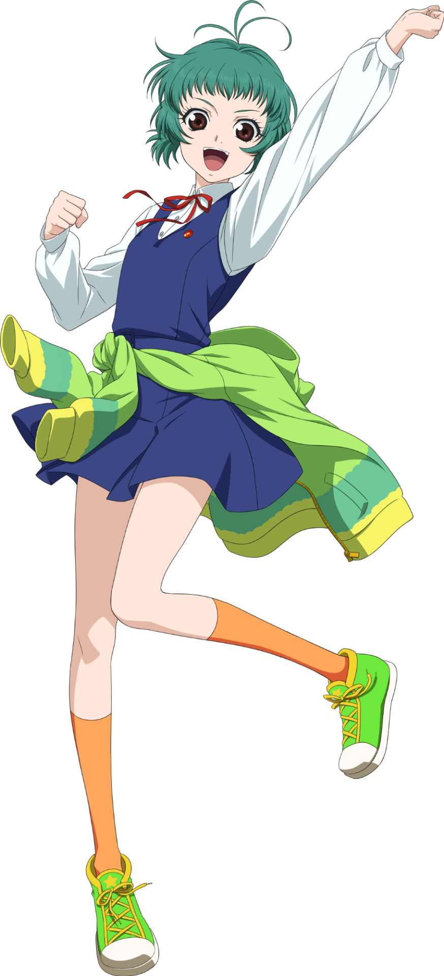 1girl :d antenna_hair arm_up blue_dress brown_eyes clenched_hand clothes_around_waist dress english_commentary farah_oersted full_body green_footwear green_hair highres jacket jacket_around_waist kneehighs long_sleeves looking_at_viewer neck_ribbon official_art open_mouth pinafore_dress red_ribbon ribbon school_uniform shirt shoes short_hair simple_background skirt sleeveless sleeveless_dress smile sneakers socks solo standing standing_on_one_leg sweater tales_of_(series) tales_of_asteria tales_of_eternia transparent_background white_shirt