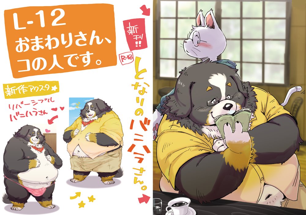 2024 anthro belly bernese_mountain_dog big_belly blush book bulge canid canine canis clothing conoji cover domestic_cat domestic_dog duo eyewear felid feline felis glasses japanese_text kemono male mammal molosser mountain_dog navel overweight overweight_male reading solo swiss_mountain_dog text underwear