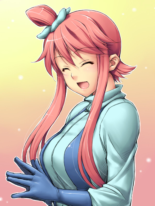 :d ^_^ bangs blush breasts closed_eyes fuuro_(pokemon) gloves gradient gradient_background hands_clasped large_breasts laughing long_hair looking_back open_mouth own_hands_together pink_hair pokemon pokemon_(game) pokemon_bw profile scrunchie short_hair_with_long_locks sidelocks smile solo sparkle tatsuhiko_(pasutaya) topknot turtleneck upper_body
