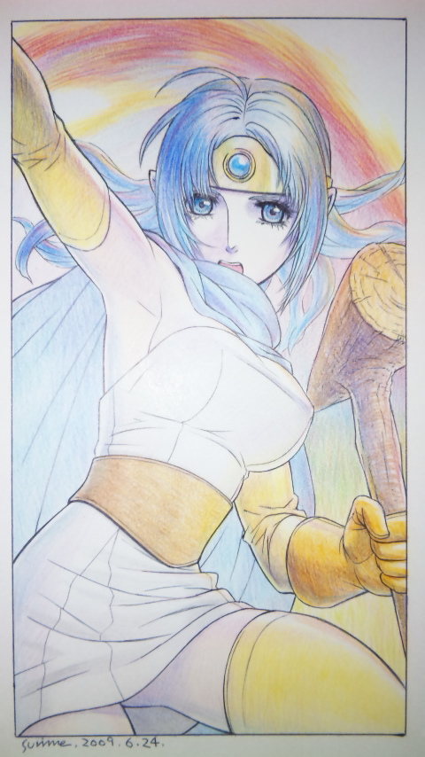 bad_id bad_pixiv_id blue_eyes blue_hair dragon_quest dragon_quest_iii elbow_gloves fire gloves magic open_mouth pointy_ears sage_(dq3) skirt solo staff surime-dq thighhighs traditional_media zettai_ryouiki