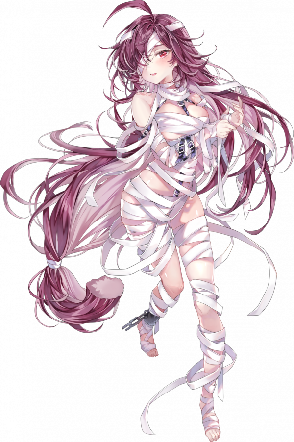 absurdly_long_hair ahoge ankle_wrap arm_belt artist_request bare_shoulders belt belt_buckle black_belt blunt_ends buckle chain chained_legs chest_wrap final_gear foot_wraps hair_over_one_eye hair_tie hand_wraps head_wrap knee_wrap knees leg_up leg_wrap long_hair looking_at_viewer low-tied_long_hair low_ponytail neck_wrap official_art open_mouth pn99_(final_gear) ponytail purple_hair red_eyes strap tachi-e teeth third-party_source upper_teeth_only very_long_hair wavy_hair wrappings wrist_wrap