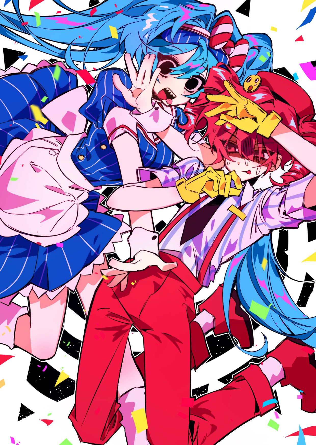 2girls arm_up black_eyes black_necktie blue_dress blue_hair bow commentary confetti dress drill_hair gloves hair_bow hatsune_miku highres kasane_teto korean_commentary long_hair mesmerizer_(vocaloid) multiple_girls mxcx1211 necktie open_mouth pants pink_footwear pink_hair pink_pants puffy_short_sleeves puffy_sleeves sharp_teeth shirt shoes short_sleeves simple_background smile striped_bow striped_clothes striped_shirt suspenders teeth tongue tongue_out twin_drills twintails utau very_long_hair vocaloid white_background yellow_gloves