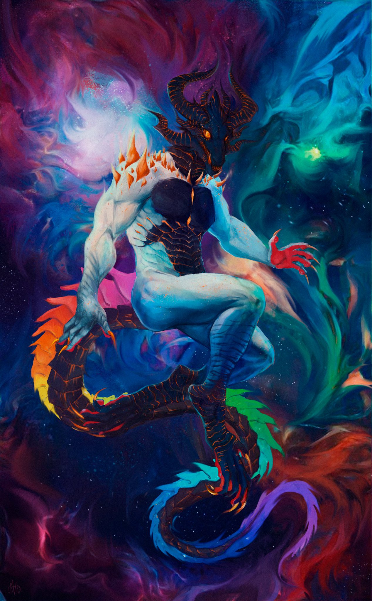 2021 8_horns anthro black_body black_scales blue_body blue_scales body_spikes claws cloud colorful colorful_background dragon floating green_body green_scales hi_res horn ira-arn male multi_horn multicolored_body nude orange_body orange_scales pink_body pink_scales purple_body purple_scales red_body red_eyes red_scales ridged_tail scales smaller_version_at_source solo spiked_tail spikes spikes_(anatomy) star tail_spines white_body yellow_body yellow_eyes yellow_scales