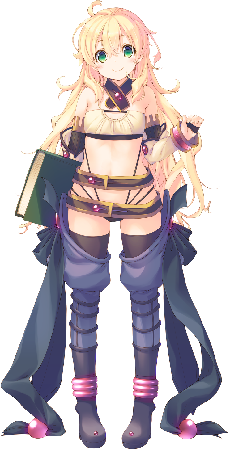 aquaplus blonde_hair book boots detached_sleeves dungeon_travelers_2 erthuricia_vitor_de_ritzhevin full_body highres holding kokonoka long_hair looking_at_viewer official_art smile solo thighhighs transparent_background