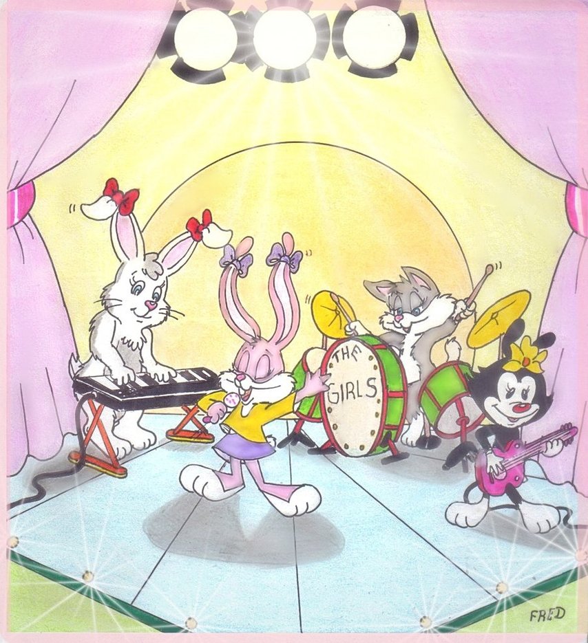 animaniacs anthro babs_bunny band beehonie_(character) bow cat dot_warner drum feline fred_(artist) guitar keyboard kissyfur kissyfur_(tv_series) lagomorph mammal musical_instrument rabbit rita_(animaniacs) singing spotlight stage tiny_toon_adventures traditional_media_(artwork) warner_brothers