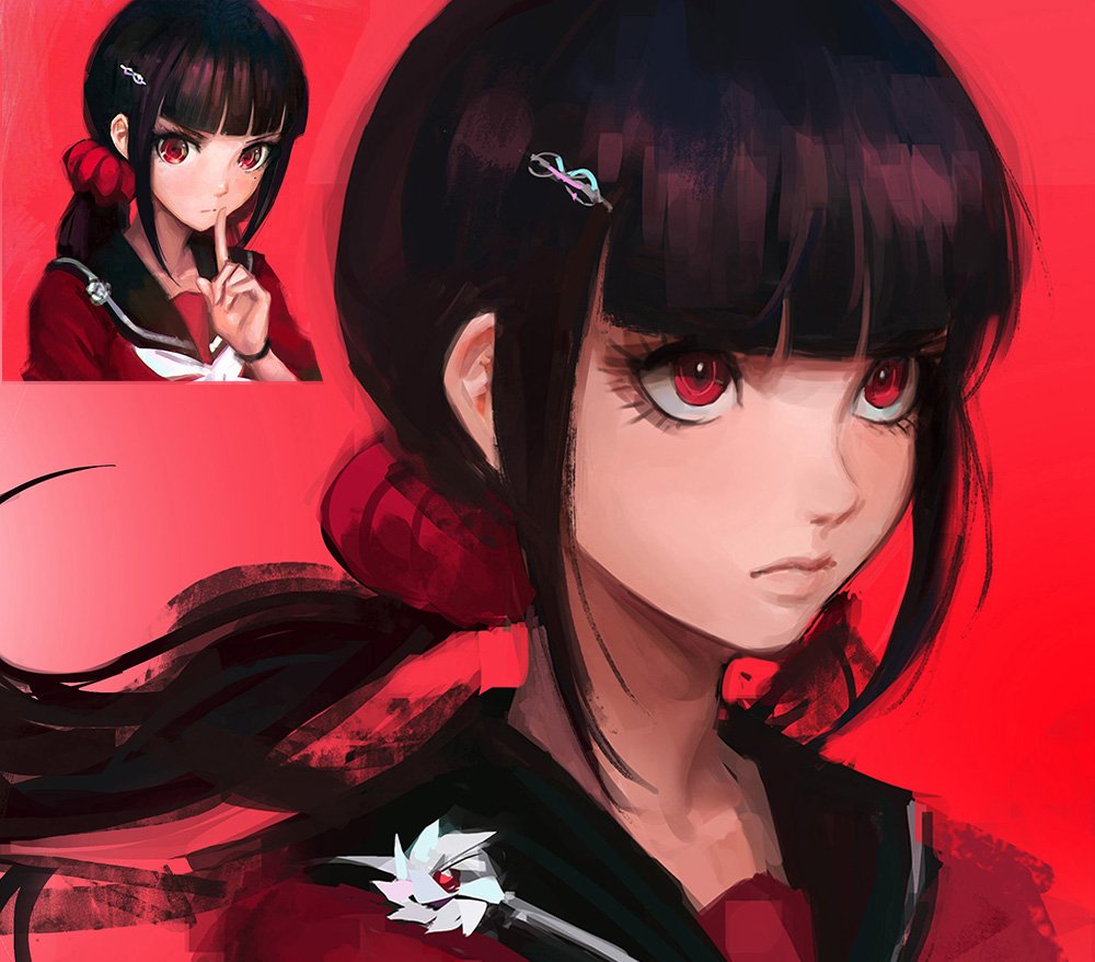 1girl ascot bangs black_hair blunt_bangs breasts closed_mouth collarbone commentary danganronpa eyelashes finger_to_mouth floating_hair hair_ornament hand_up harukawa_maki index_finger_raised lips long_hair long_sleeves looking_at_viewer mole mole_under_eye multiple_views new_danganronpa_v3 nose qosic red_background red_eyes red_scrunchie red_shirt school_uniform scrunchie serafuku shirt shushing sidelocks solo twintails upper_body watch white_neckwear wristwatch