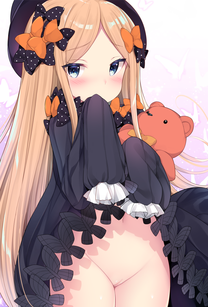 1girl abigail_williams_(fate/grand_order) bangs black_bow black_dress black_hat blonde_hair blue_eyes blush bottomless bow bug butterfly covering_mouth dress dress_lift fate/grand_order fate_(series) forehead gradient gradient_background hair_bow hat highres hips holding holding_stuffed_animal insect long_hair long_sleeves looking_at_viewer navel orange_bow parted_bangs pink_background polka_dot polka_dot_bow sleeves_past_fingers sleeves_past_wrists solo stuffed_animal stuffed_toy teddy_bear watanon_(gakushokutei)