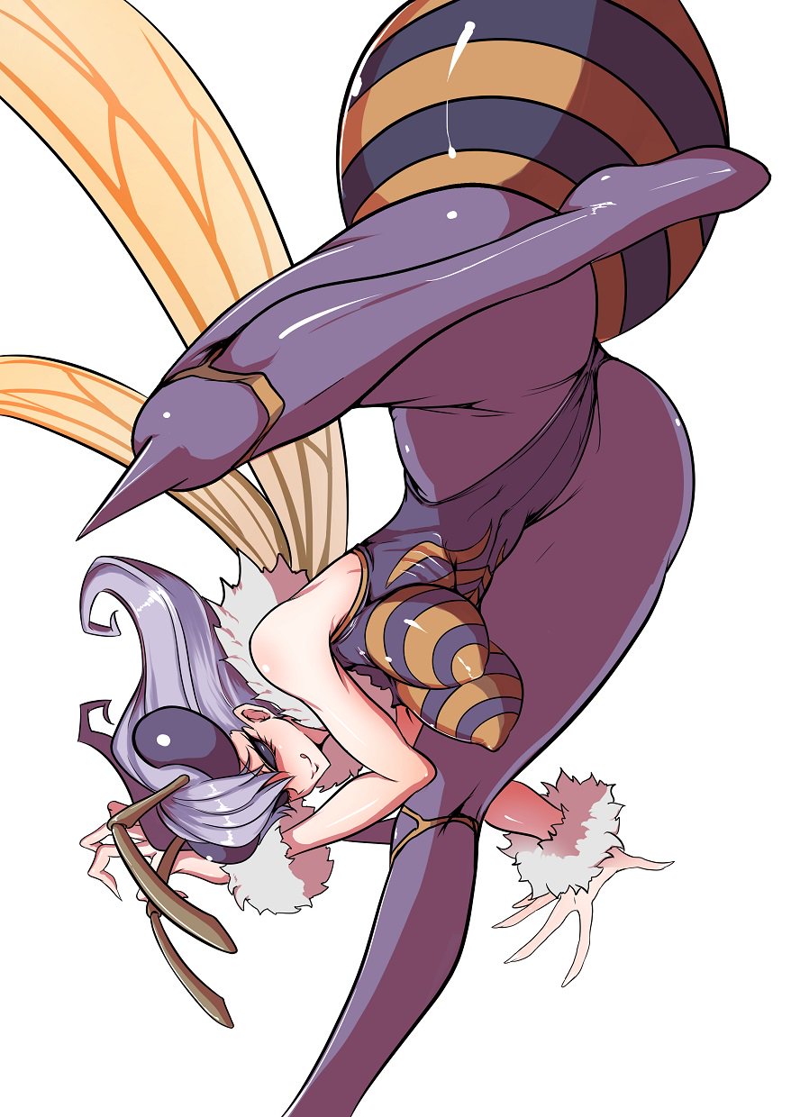 1girl animal_ears antennae bee_girl breasts highres insect_girl large_breasts licking_lips looking_at_viewer monster_girl purple_eyes purple_hair q-bee sangyou_haikibutsu_(turnamoonright) short_hair simple_background solo tongue tongue_out vampire_(game) wings