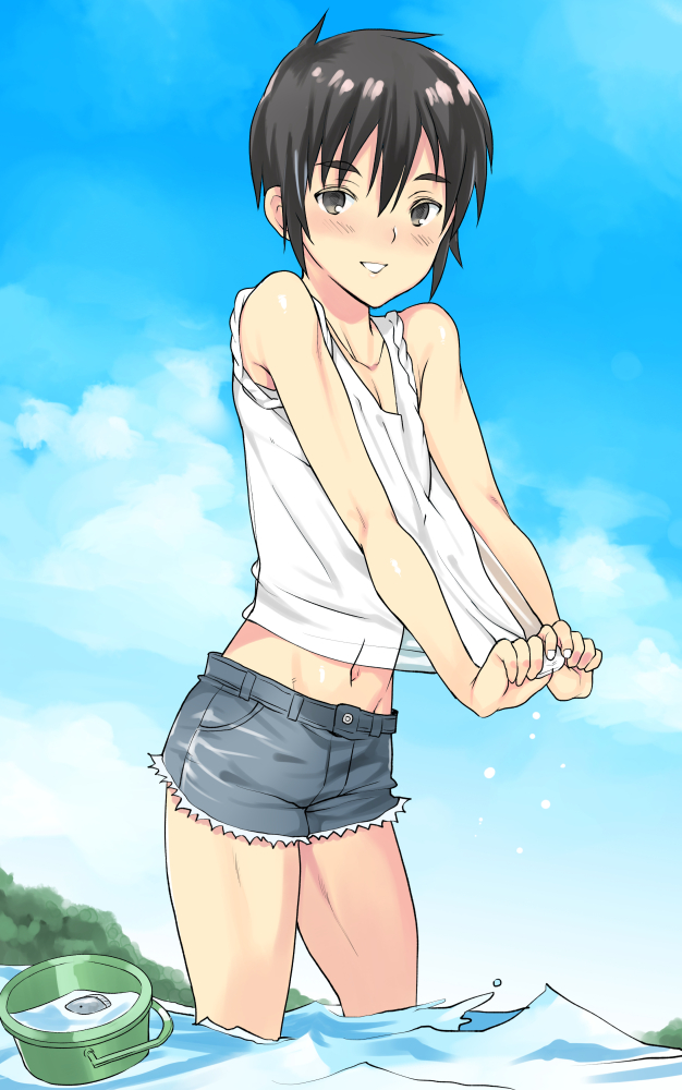 black_eyes black_hair blue_sky blush bucket coin_rand cutoffs day looking_at_viewer male_focus navel original otoko_no_ko outdoors parted_lips sky solo water