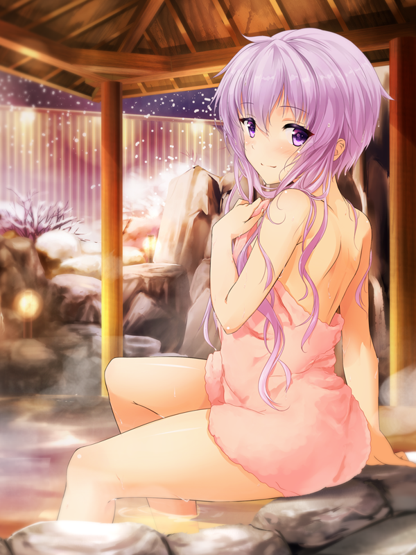 arm_at_side arm_support bangs bare_tree blurry blush bug_(artist) closed_mouth depth_of_field eyebrows eyebrows_visible_through_hair fence from_side hair_between_eyes holding holding_towel lantern looking_at_viewer naked_towel onsen purple_eyes purple_hair rock short_hair_with_long_locks shoulder_blades sitting smile snow snowing soaking_feet solo steam towel tree vocaloid voiceroid water wet wet_hair winter wooden_fence yuzuki_yukari