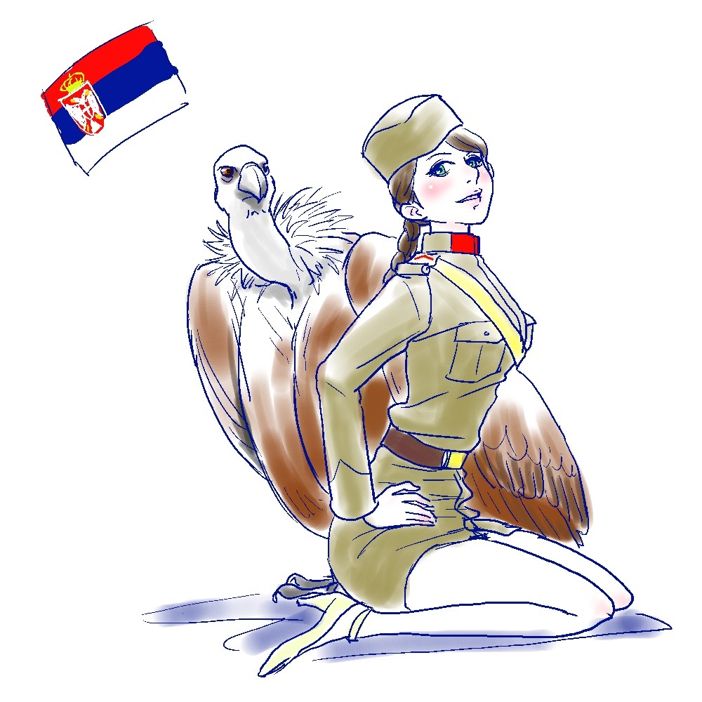 1girl animal artist_request bird blue_eyes brown_hair hat military military_uniform original serbia solo uniform world_war_i