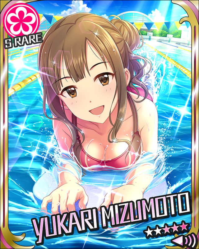 artist_request breasts brown_eyes brown_hair cleavage downblouse flower_(symbol) hair_bun idolmaster idolmaster_cinderella_girls kickboard lane_line looking_at_viewer medium_breasts mizumoto_yukari official_art open_mouth partially_submerged pool smile solo sparkle swimming swimsuit wavy_hair