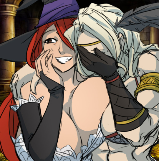 2girls amazon_(dragon's_crown) breasts dragon's_crown female gloves large_breasts laughing meme multiple_girls muscle parody purple_hair rough sorceress_(dragon's_crown) witch_hat