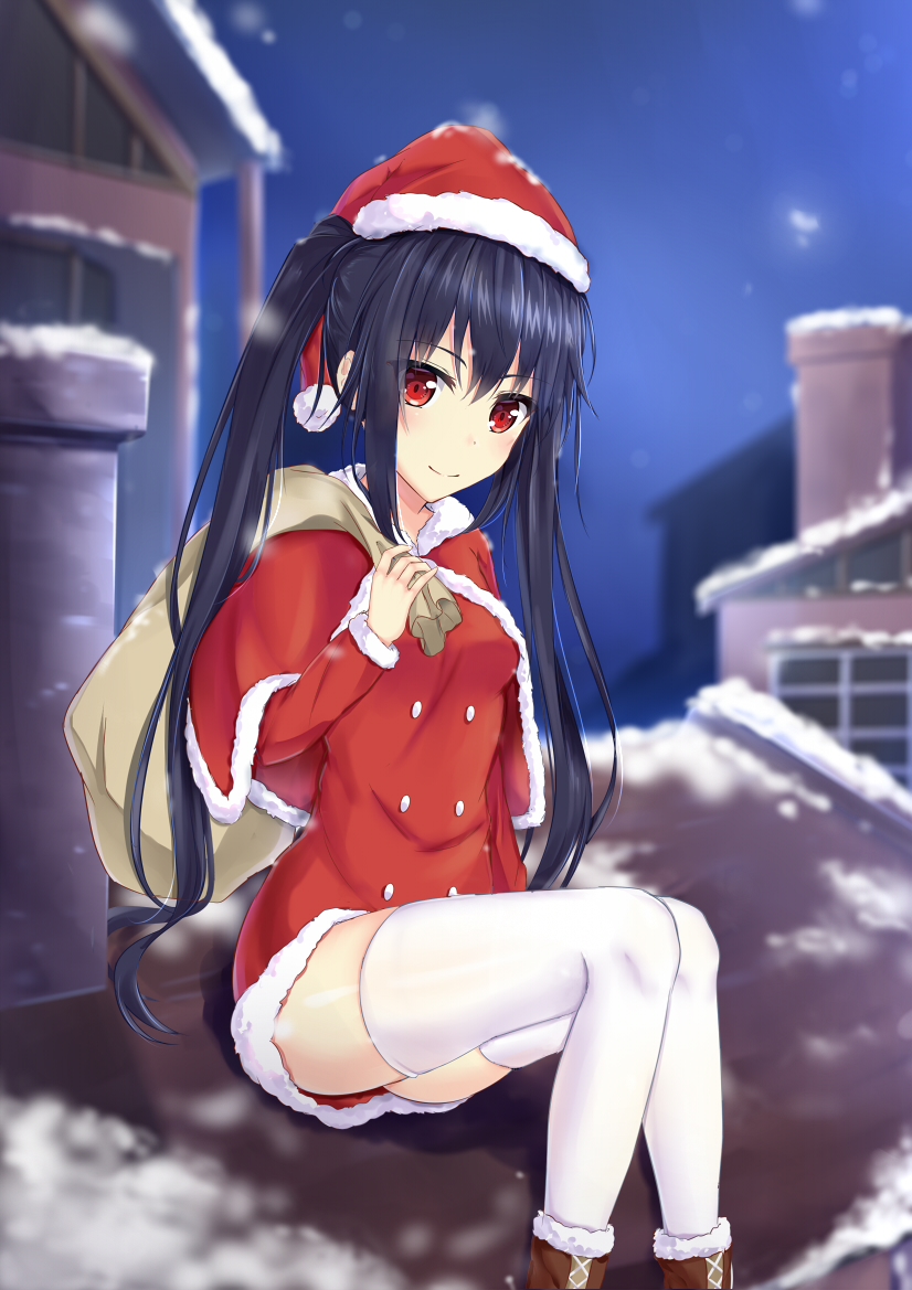 1girl black_hair blush capelet carrying_bag carrying_over_shoulder christmas commentary double-breasted dress english_commentary fur_trim hair_between_eyes hat long_hair long_sleeves looking_at_viewer muwa12 neptune_(series) night night_sky noire outdoors red_capelet red_dress red_eyes santa_costume santa_hat sitting_on_roof sky smile snow snowing solo star_(sky) starry_sky thighhighs twintails very_long_hair white_legwear
