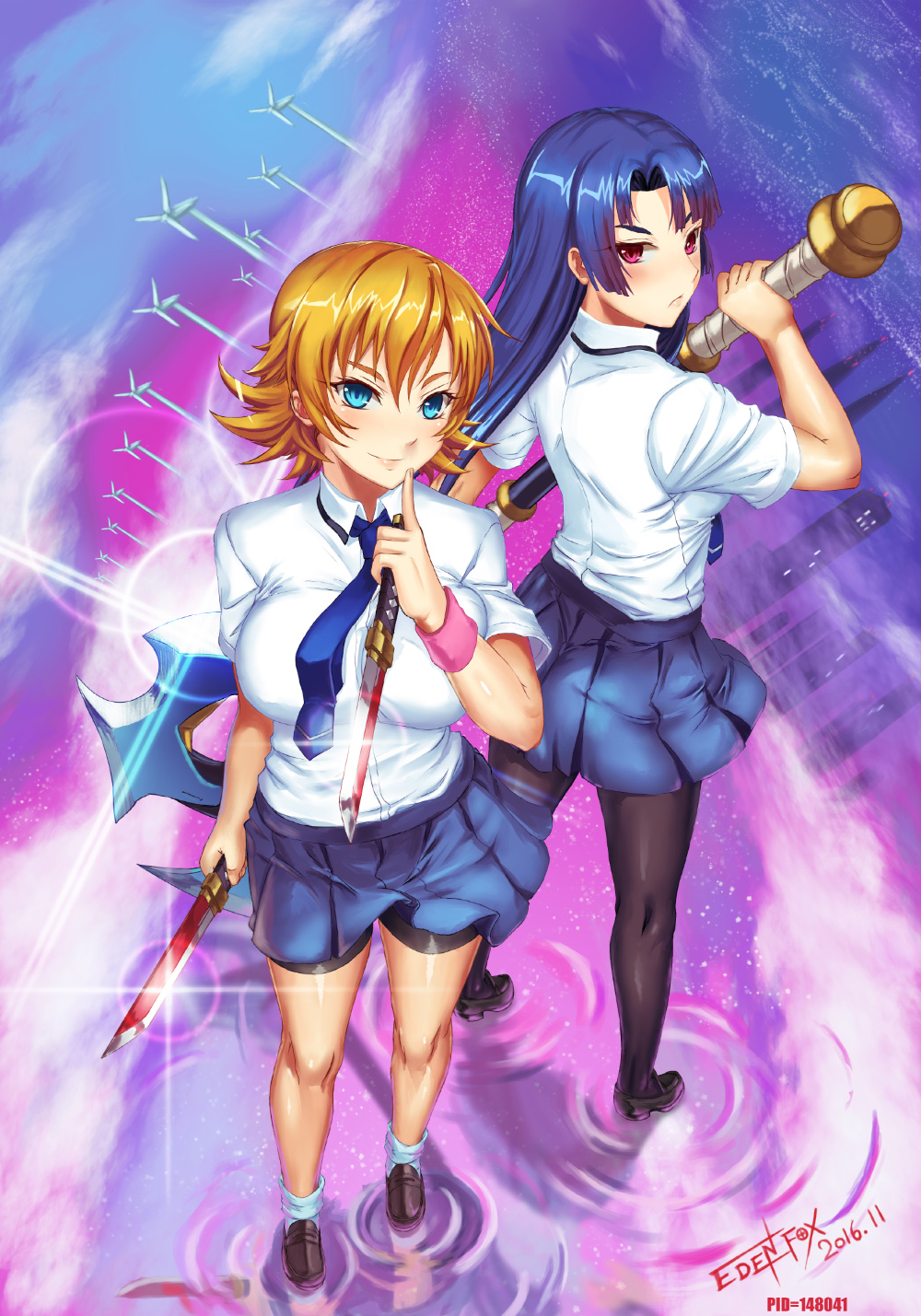 &gt;:) 2girls :/ artist_name axe battle_axe bike_shorts black_footwear black_legwear black_shorts blonde_hair blue_eyes blue_hair blue_neckwear blush breasts brown_footwear building closed_mouth collared_shirt dagger dated dual_wielding edenfox finger_to_mouth flipped_hair full_body glint hair_between_eyes head_tilt highres holding holding_weapon igawa_sakura large_breasts loafers long_hair looking_at_viewer looking_back multiple_girls necktie number pantyhose pink_eyes pixiv_id reflection school_uniform shirt shoes short_sleeves shorts smile socks standing taimanin_(series) taimanin_asagi_zero v-shaped_eyebrows very_long_hair weapon white_legwear white_shirt windmill wing_collar wristband yatsu_murasaki