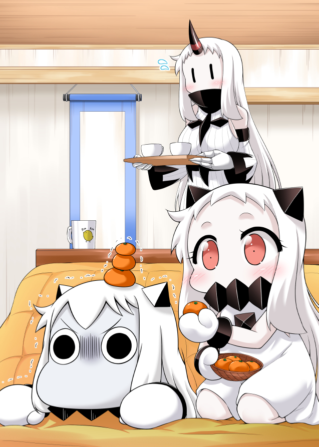 2girls annoyed blush carrying claws commentary contemporary covered_mouth cup detached_sleeves dress flying_sweatdrops food food_on_head fruit fruit_on_head hanging_scroll holding horn horns kantai_collection kotatsu long_hair mandarin_orange mittens moomin mug multiple_girls muppo northern_ocean_hime object_on_head red_eyes sazanami_konami scroll seaport_hime seiza shinkaisei-kan sitting table teacup tray trembling white_dress white_hair white_skin yamato_nadeshiko |_|
