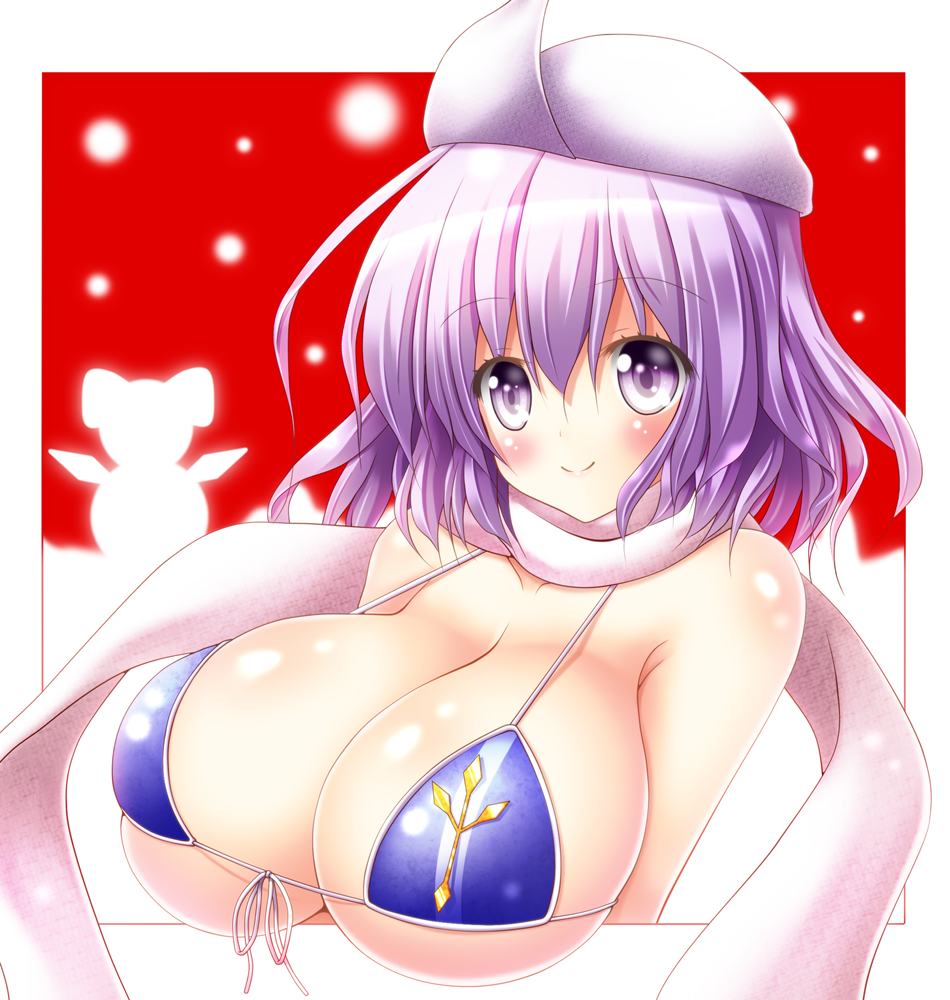 adapted_costume bare_shoulders bikini_top blue_bikini_top breasts cirno cleavage collarbone commentary_request front-tie_top hat huge_breasts lavender_eyes lavender_hair letty_whiterock looking_at_viewer osashin_(osada) outside_border scarf short_hair silhouette smile snowman solo string_bikini touhou upper_body