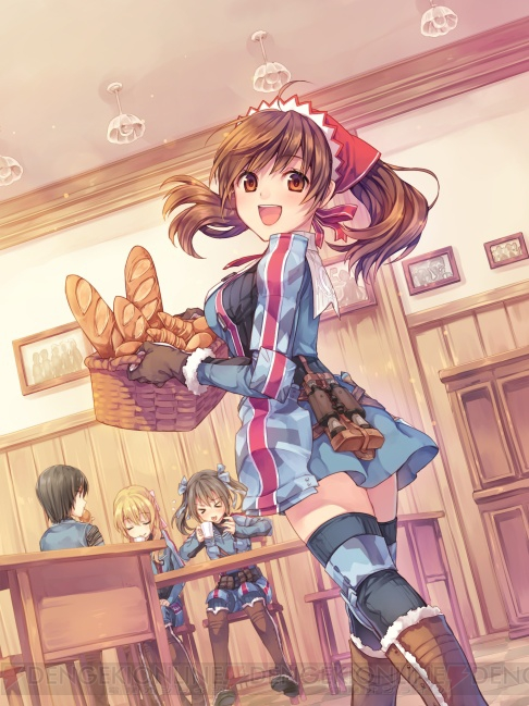 &gt;_&lt; :d alicia_melchiott baguette basket black_hair blonde_hair blue_ribbon bread brown_eyes brown_gloves brown_hair closed_eyes cup edy_nelson food gloves hair_ornament hair_ribbon holding long_hair marina_wulfstan military military_uniform multiple_girls natsu_natsuna open_mouth red_ribbon ribbon senjou_no_valkyria senjou_no_valkyria_1 short_hair sitting smile susie_evans thighhighs tongue tongue_out twintails uniform watermark