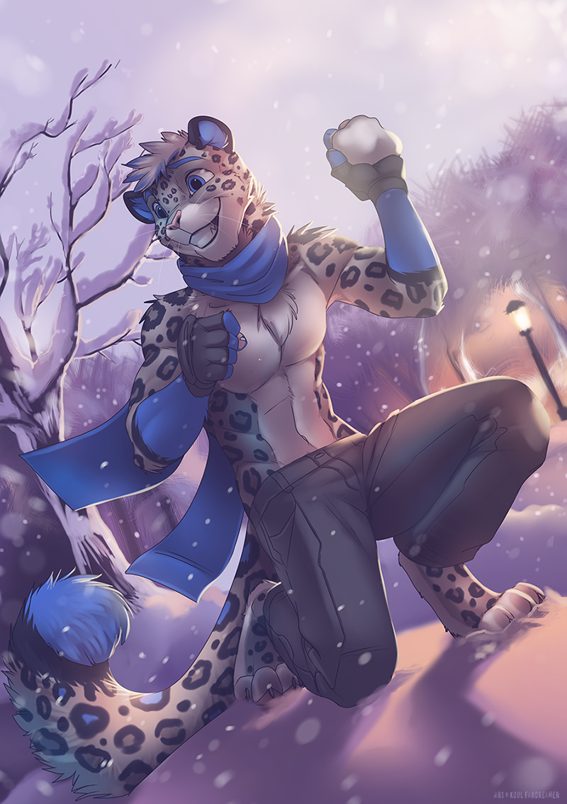 2016 5_fingers anthro black_fur black_lips black_spots black_tail blonde_hair blue_eyes blue_fur blue_tail chest_tuft clothed clothing day dechen_(gothwolfie) detailed_background digital_media_(artwork) digitigrade dutch_angle eyebrows feline fingerless_gloves fluffy fluffy_tail fur gloves grey_fur grey_hair grey_nose grey_tail hair koul leopard leopard_spots male mammal multicolored_fur multicolored_tail navel on_one_knee outside pants pink_nose scarf signature sky smile snow snow_leopard snowball snowing solo spots spotted_fur street_lamp teeth topless tree tuft whiskers white_fur white_tail winter yellow_fur