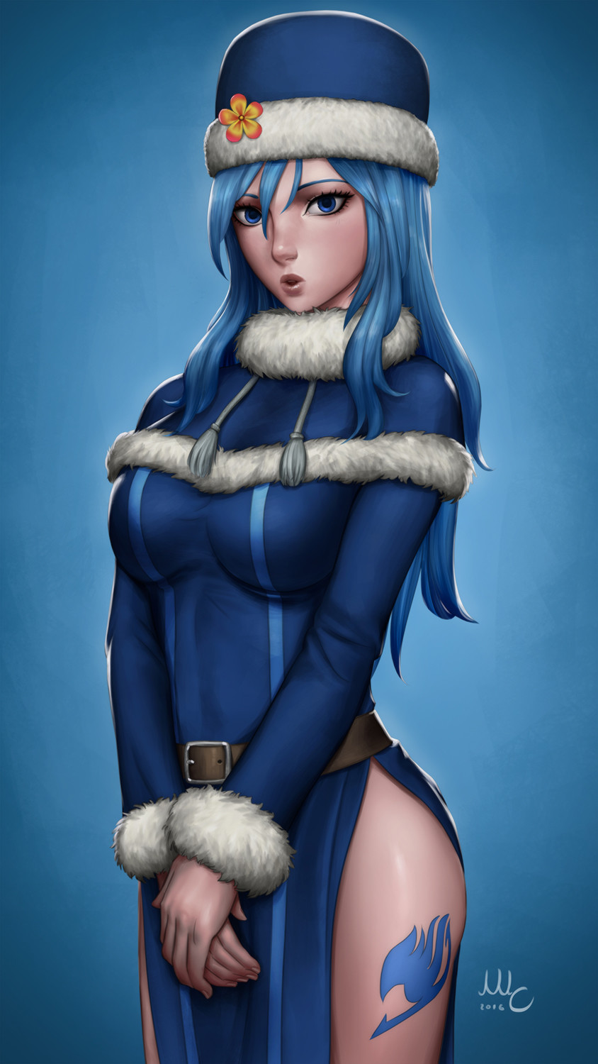 2016 artstation_sample belt blue_background blue_eyes blue_hair breasts fairy_tail fur_hat fur_trim hands_together hat highres image_sample juvia_lockser large_breasts looking_at_viewer parted_lips sciamano240 side_slit simple_background solo tattoo