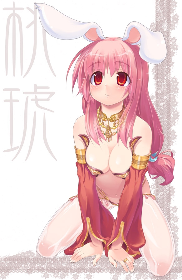 animal_ears bb blushing breasts bunny_ears dancer elbow_gloves jewelry large_breasts long_hair lots_of_jewelry pink_hair ragnarok_online red_eyes see_through usagimimi