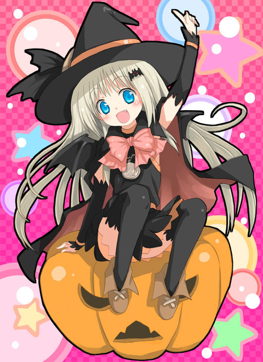 arm_warmers bat_wings blue_eyes bow cape fang halloween hat hinata_nonoka jack-o'-lantern little_busters! long_hair noumi_kudryavka pink_bow pumpkin silver_hair solo thighhighs wings witch_hat