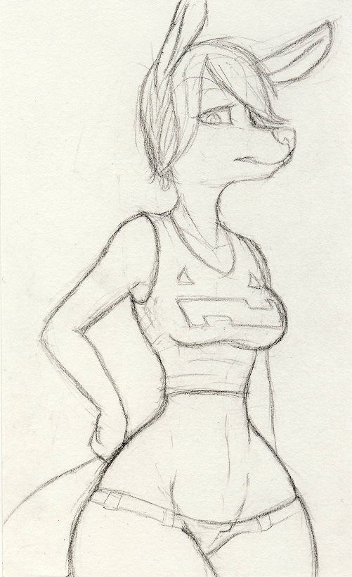 anthro clothed clothing female kangaroo kraken_(artist) looking_at_viewer mammal marsupial monochrome sketch solo traditional_media_(artwork) wide_hips