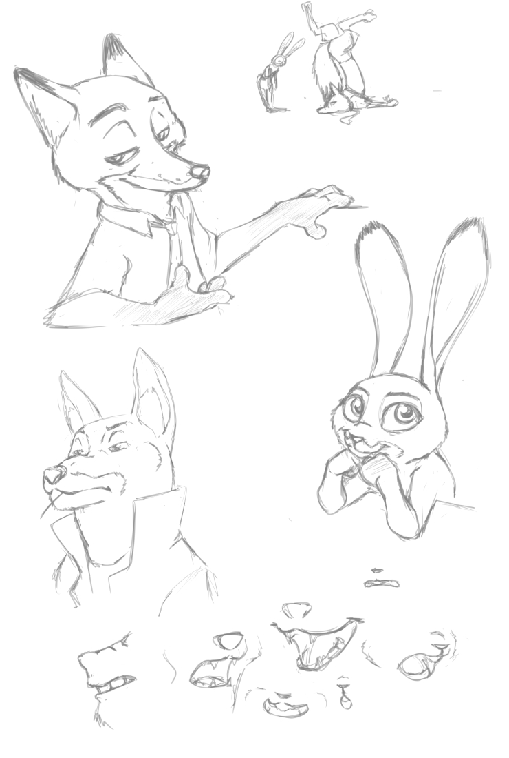 2016 akiric anthro black_and_white canine clothed clothing disney dog female fox group half-closed_eyes judy_hopps lagomorph male mammal monochrome nick_wilde rabbit simple_background sketch sketch_page white_background zootopia
