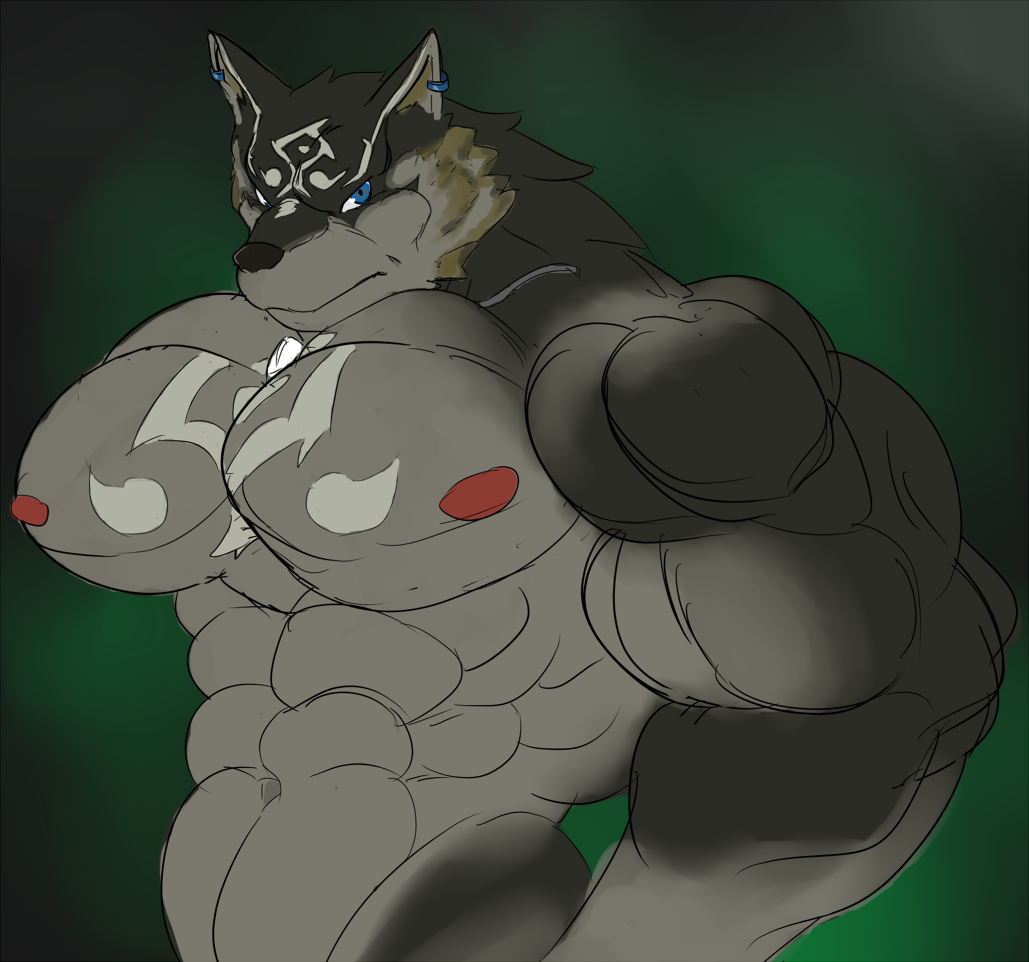 2016 abs anthro biceps big_biceps black_nose blue_eyes canine cheek_tuft colored digital_drawing_(artwork) digital_media_(artwork) dischimera ear_piercing flat_colors fur green_background green_fur hyper hyper_muscles link_(wolf_form) looking_at_viewer male mammal manly muscular muscular_male navel nintendo nude pecs piercing serratus simple_background snout solo standing the_legend_of_zelda triceps tuft video_games wolf